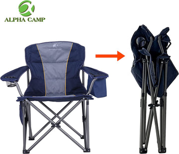 ALPHA CAMP Oversized Camping Folding Chair Heavy Duty Lawn Chair with Cooler Bag Support 450 LBS Steel Frame Collapsible Padded Arm Chair Quad Lumbar Back Chair Portable for Outdoor,Blue